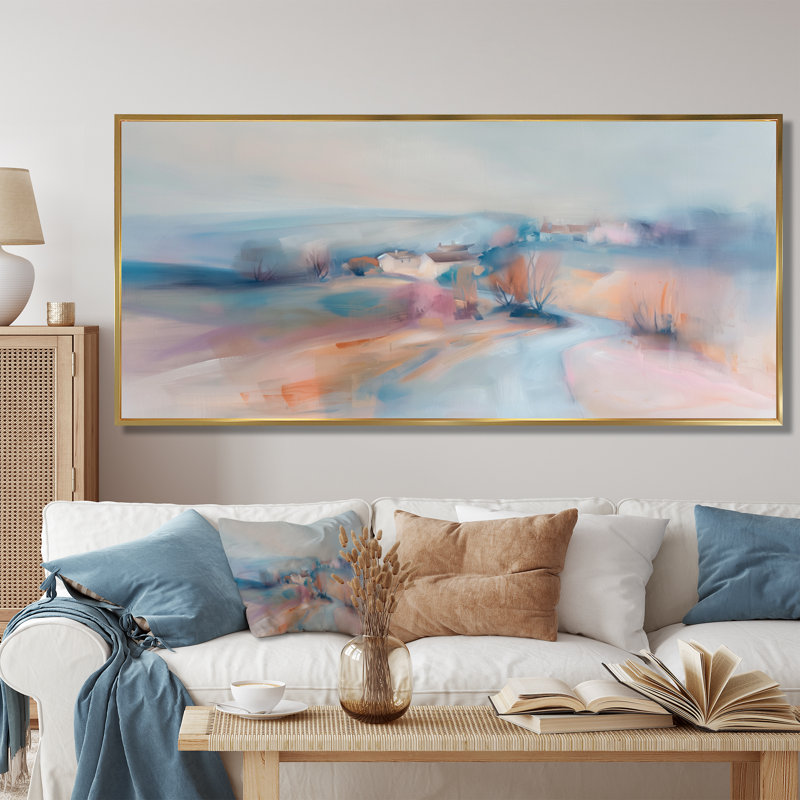 «Grey Pink Minimalisme Village Mirage II», reproduction d'art de ferme, Cadre flottant doré, H 28 po x l 60 po x P 1,5 po