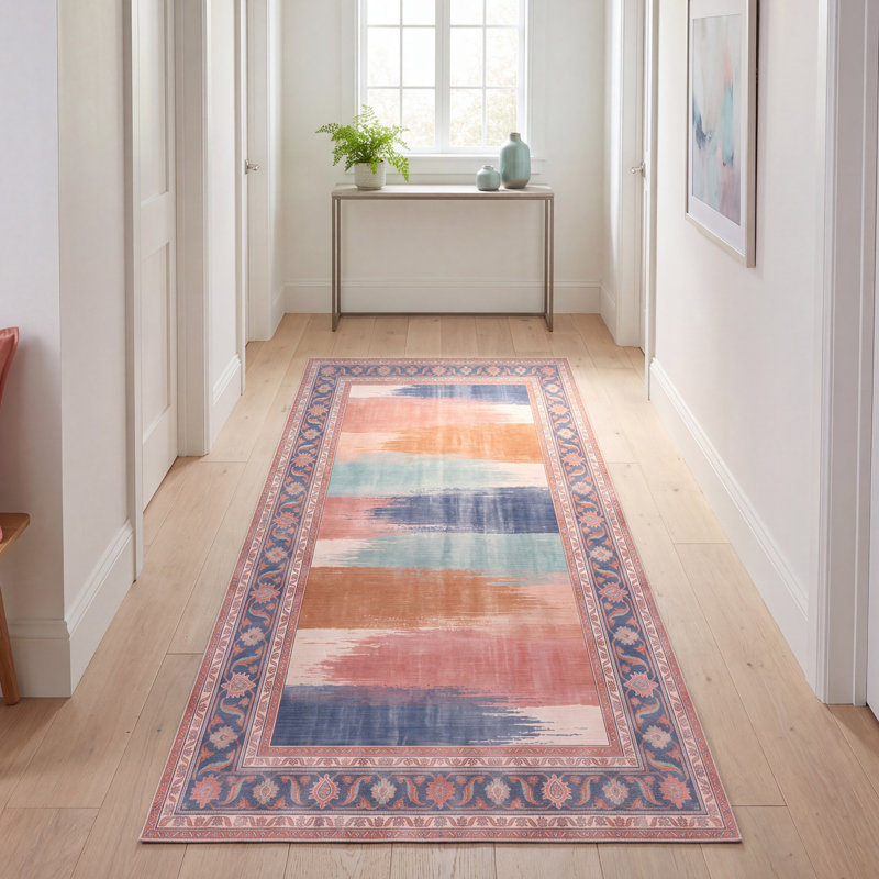 Tapis à rayures modernes Trellis, style moderne, bleu sarcelle, rose et crème, lavable à la machine, antidérapant, à poils courts, pour l'intérieur et l'extérieur, adapté aux animaux domestiques, idéal pour le salon, la chambre, la salle à manger, l'entrée, le couloir ou le bureau.