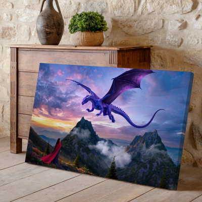 Canvas A Majestic Purple Dragon Soars Through A Dramatic Twilight Sky Wall Art Its Expansive Wings Casting Shadows Over Rugged Canvas Wall Art