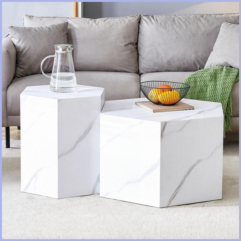 Ensemble de 2 tables basses minimalistes hexagonales en panneau de fibres à densité moyenne avec finition en marbre naturel Gain de place pour le salon