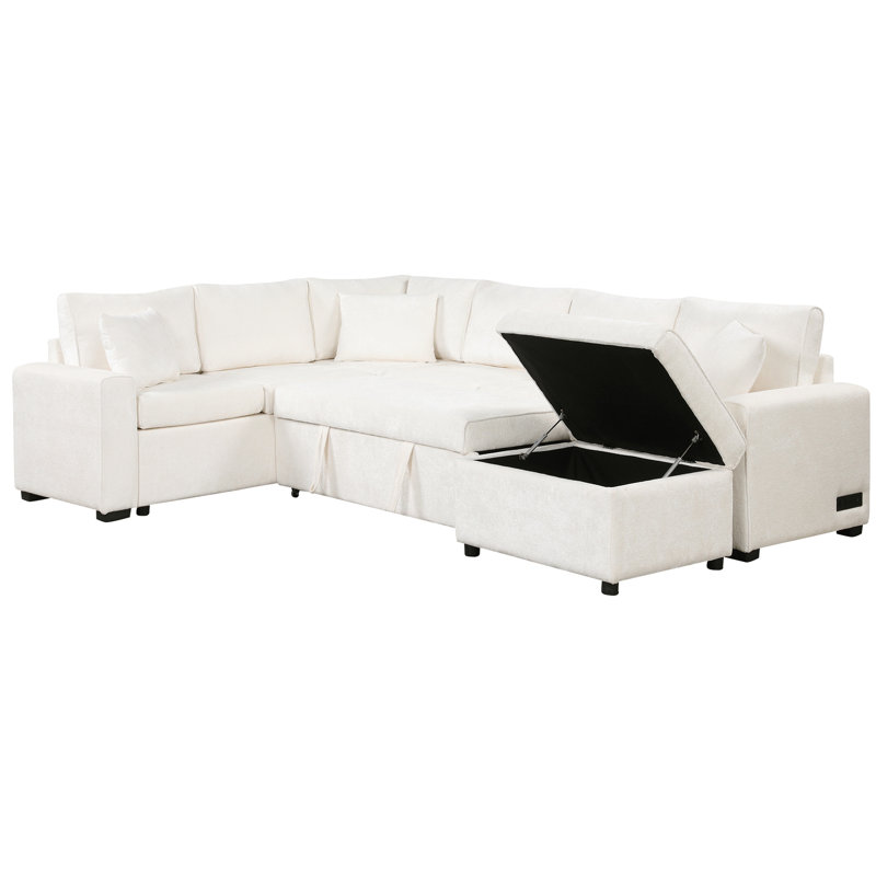 Cream 112.2" Sectional Sleeper With Movable Storage, Charging And 3 Supportive Pillows For Living Area Room Bed, , Devices & Relaxation
