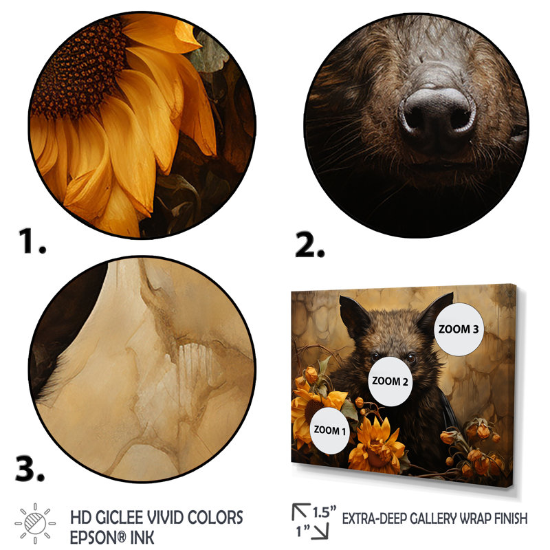 Baroque Bat Elegance - Art mural chauve-souris animal, Cadre flottant blanc, H 16 po x l 32 po x P 1 po
