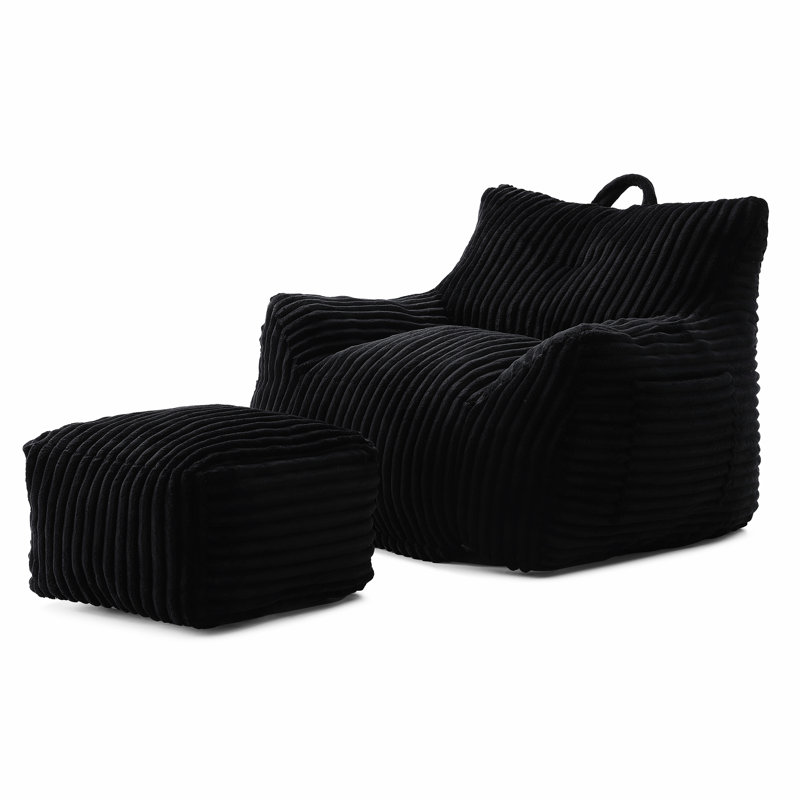 Giant Bean Bag With And Footstool, Ideal For Relaxing In Living Room, Bedroom Or Dorm, High - Quality Corduroy Shredded Foam, Ergonomic Design Comfort Footstool Areas, Black Color, Soft