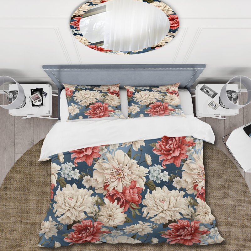 Motif floral rouge et blanc - Ensemble de housse de couette floral, Housse de couette simple + 1 taie décorative stan