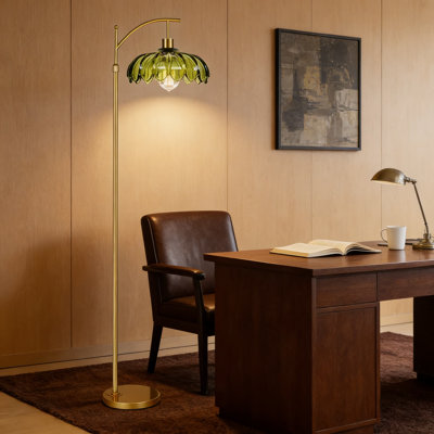 Mid-Century Modern Floor Lamp With Remote Control - Dimmable LED Standing Lamp With Adjustable Height & 360° Rotating Arm, Vintage Glass Shade For Living Room, Bedroom, Or Office