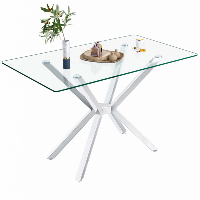 47.24" Rectangular Clear Tempered Glass Dining Table, Silver