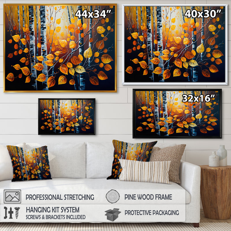 Into A Golden Birch Forest IV - Paysage, art mural sur toile, L 32 po x H 16 po, Cadre flottant doré