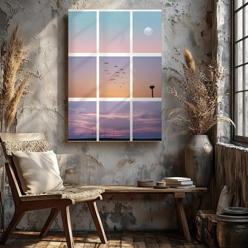 Toile, création d'une œuvre d'art minimaliste verticale mettant en vedette trois sections distinctes d'art mural, "Un ciel serein au crépuscule"