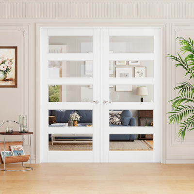 Interior 5-Lite Clear Glass Door, CARB P2 MDF & SGCC Tempered Glass French Doors, Satin Nickel Hardware-Privacy Door Lever with Lock, Latch & Hinges, Pre‑Finished & Waterproof, Pantry, Bedroom, Bathroom & Closet, Easy DIY Stain, 72"x 80"