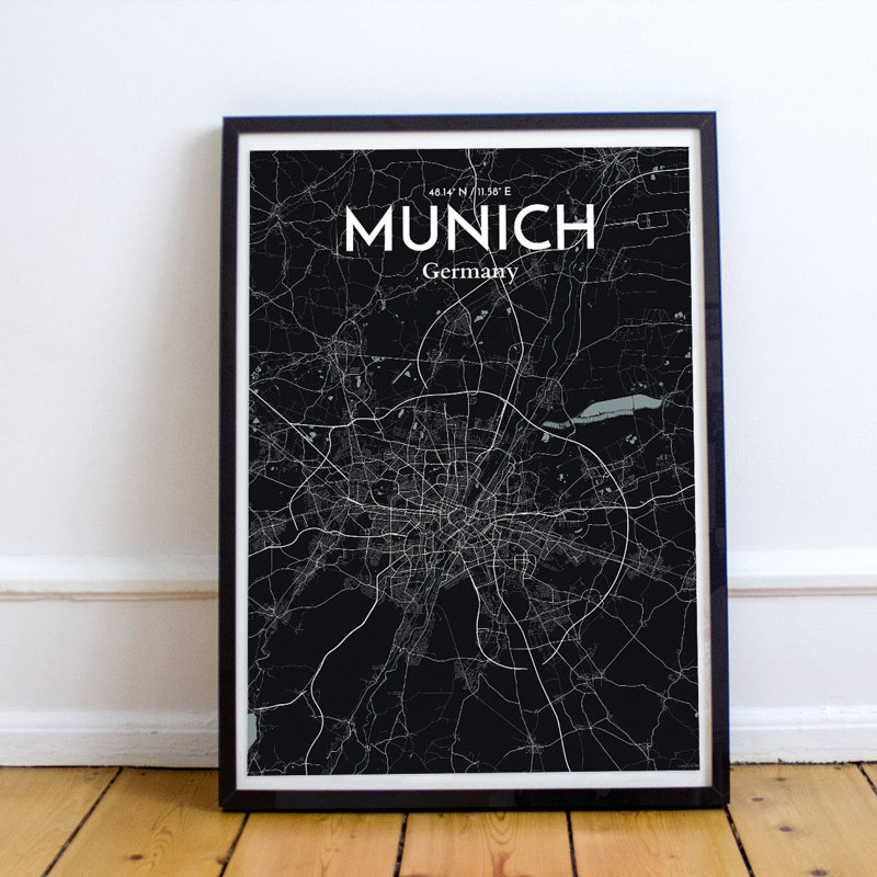 Munich City Map - No Frame Print, 43.2cm H x 27.9cm x 0.13cm D, Black/Blue
