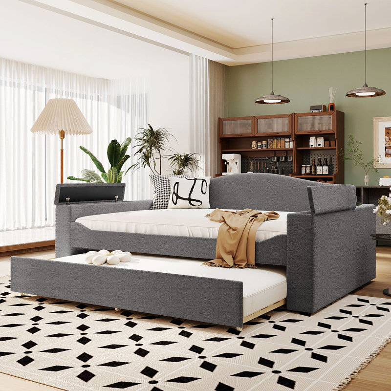 Lit de jour rembourré avec couchette, Gris, Double