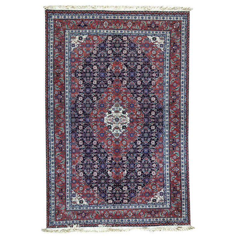 Tapis bleu marine / blanc / rouille de haute qualité noué à la main