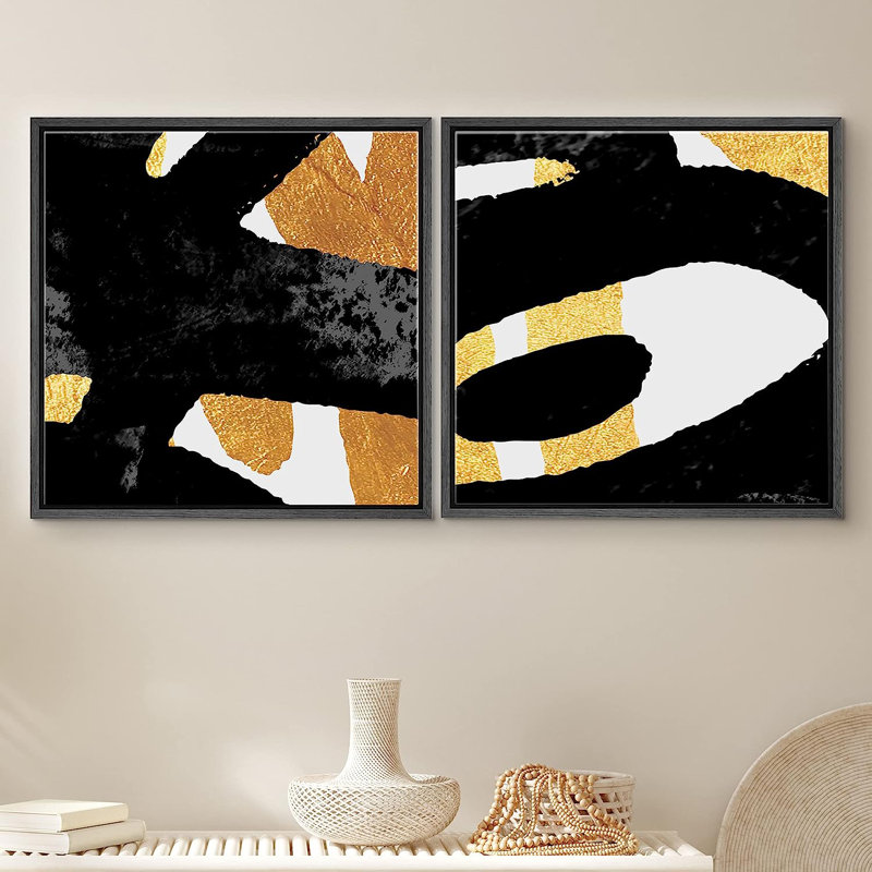 «Gold-Inspired Eye», lignes dorées et noires encadrées sur toile, 2 pièces, Noir, H 16 po x l 32 po x P 1,5 po