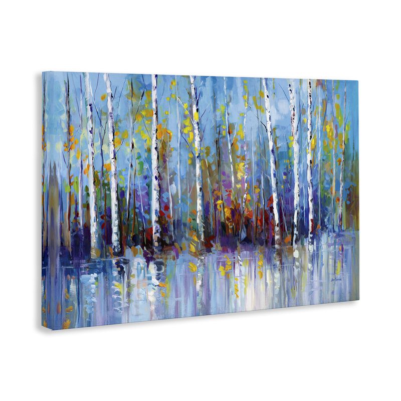 Art mural sur toile Vivid Birch Trees Reflection, design par Leon Devenice, H 16 po x l 24 po