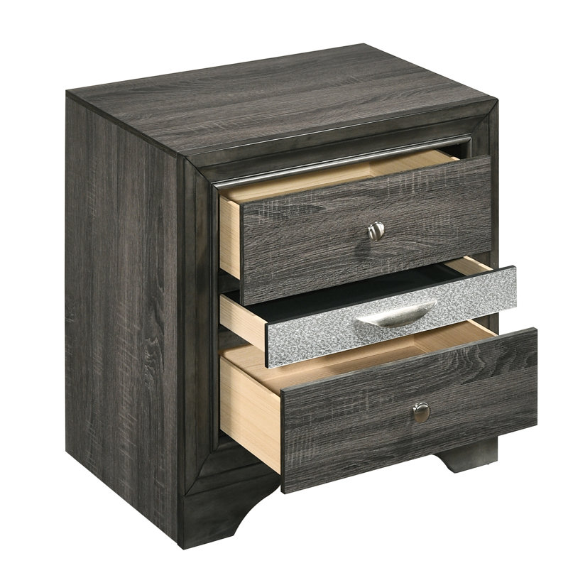 Grey 3 Bedroom Nightstand - Sleek Rustic Appearance, 26.5" H X W 17.5" D Rubberwood, Felt Lined Drawer For Contemporary Style, 26.5"x26.5"x17.5" Storage Compartment
