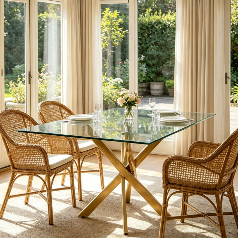 Table de salle à manger rectangulaire, table de cuisine en verre trempé de 47,2 pouces avec pieds en métal plaqué or, table polyvalente moderne pour le bureau à domicile