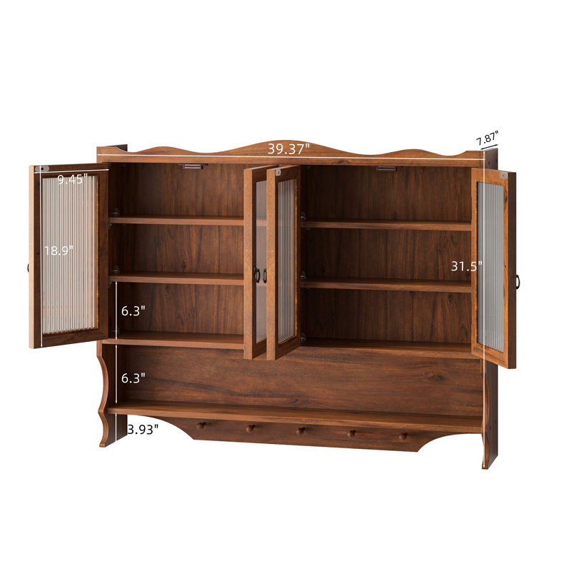 Armoire murale 39,37 po à 4 portes rétro, avec deux niveaux de rangement et un support à crochets ouverts, convient aux salles de bain, cuisines, salles à manger, brun