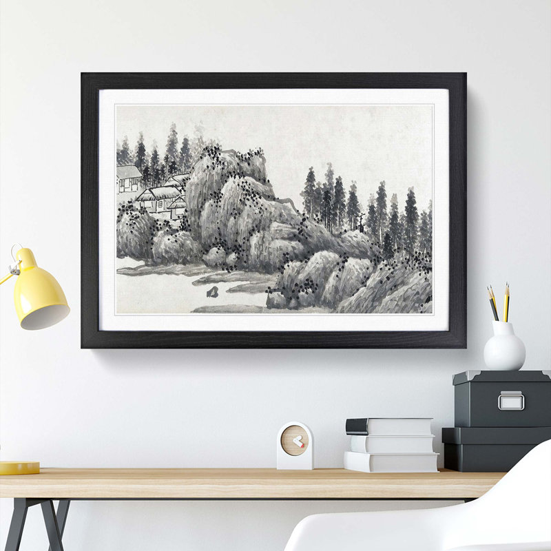 Landscape Vol.12 by Shen Zhou - Picture Frame Drawing Print, 27cm H x 36cm W x 2cm D, Black Framed