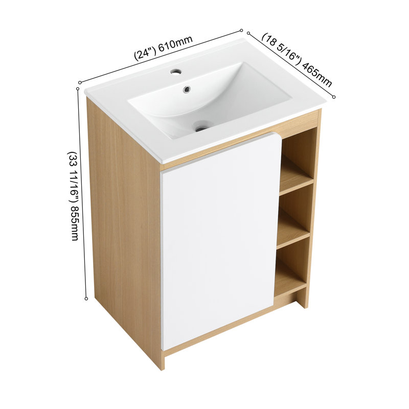 Meuble-lavabo simple 24 po avec comptoir en céramique, meuble-lavabo autoportant 24 po avec 1 porte et 3 tablettes