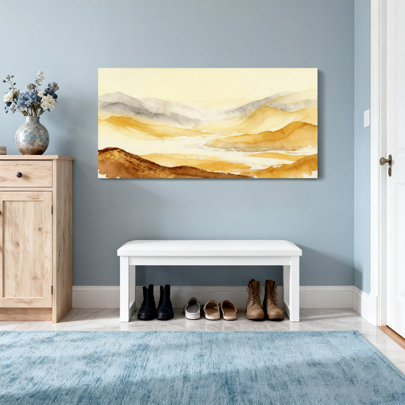 Paysage et nature, montagnes dorées, art aquarelle, H 20 po x l 40 po