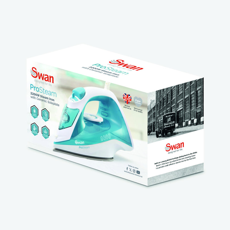 Swan with Ceramic, ProSteam Technology, Anti-Calc, Anti-Drip, Adjustable Temperature Dial and 360 Degree Swivel Cord, Non Stick Soleplate Iron / Garment Steamer Accessory