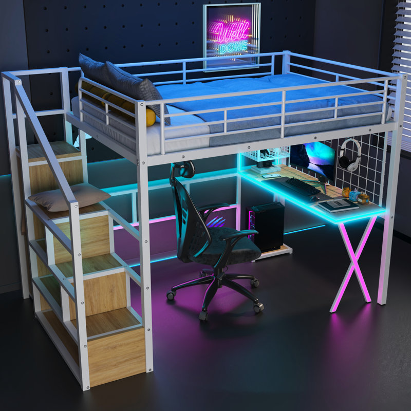 Lit mezzanine en métal avec poste de travail, tablette de rangement, garde-robe et DEL - Créez une chambre à coucher, un rangement et un poste de travail efficaces