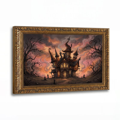 Manoir gothique hanté sous une toile murale rose et orange d'Halloween