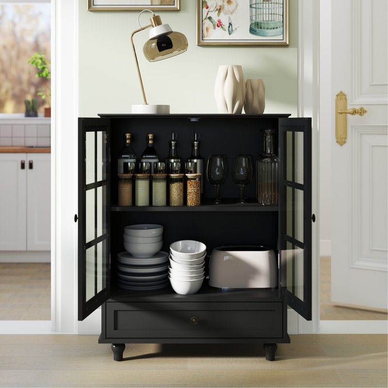 Armoire de rangement avec portes doubles en verre et tiroir, Noir