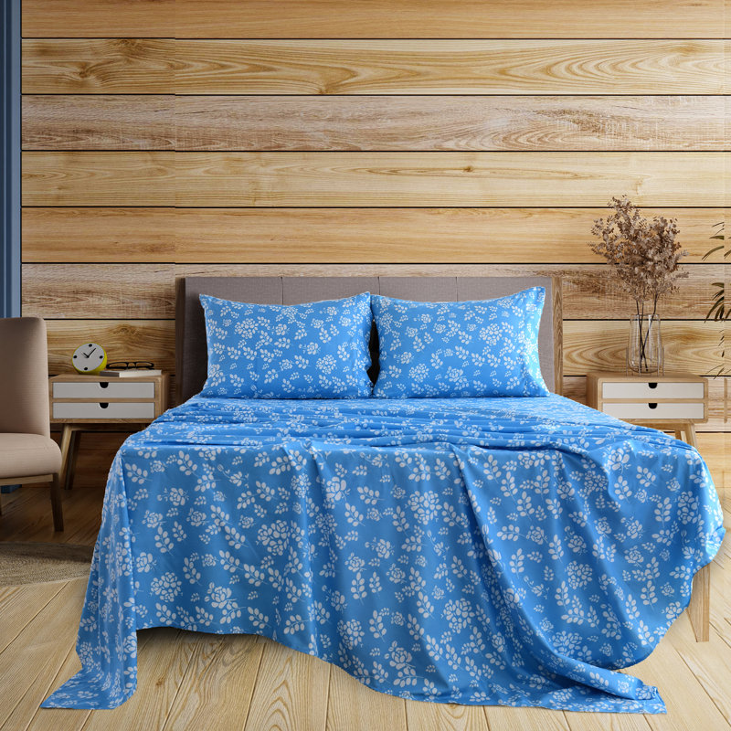 Lux Decor Collection Floral Printed Sheet Set Soft Microfiber Bed Sheets for Bedroom, Blue, Queen