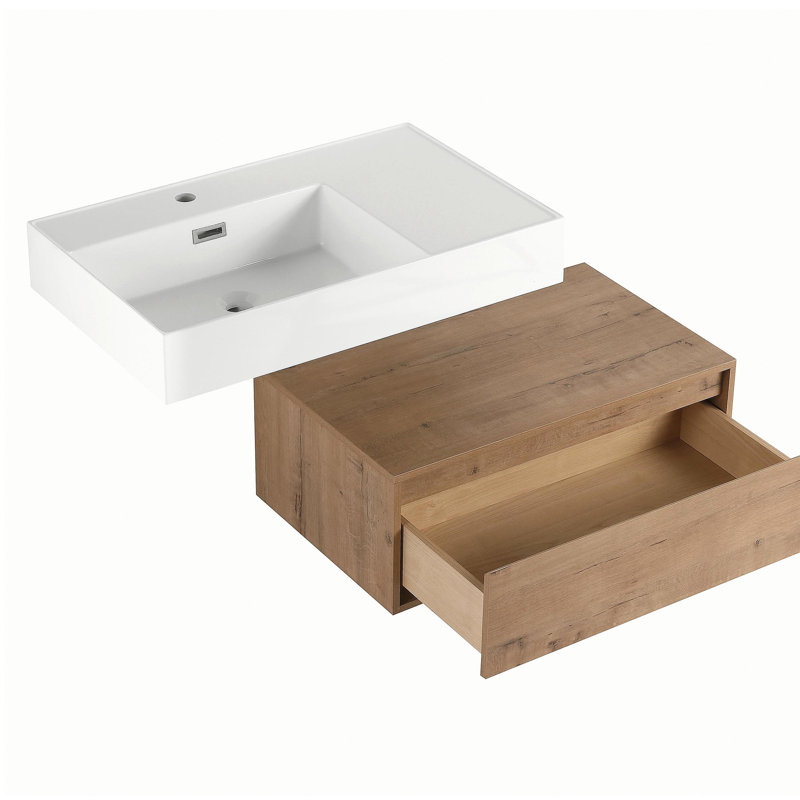 Meuble-lavabo mural de 30 pouces avec lavabo en résine, tiroirs et installation flottante