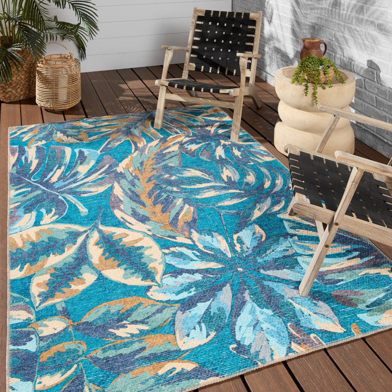 Akhilleus Machine Washable Polyester Blue/Beige Rug, Rectangle 5' x 8'