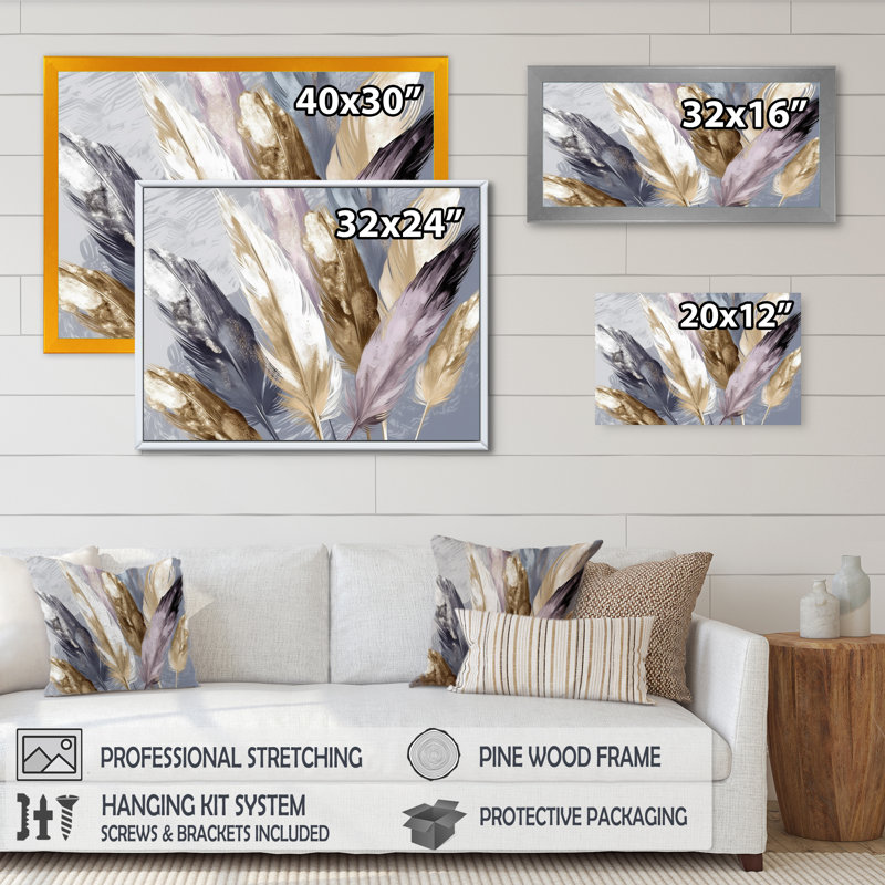 Kaveion, plume mauve Boho Majesty - art mural de plumes glamour pour le salon, H 30 po x l 40 po x P 1,5 po, Encadrement doré