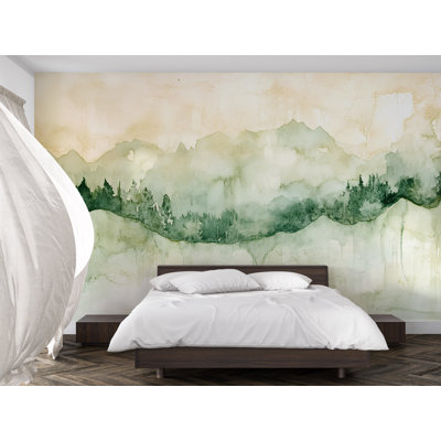 Minimalist Mountain Forest Landscape Wallpaper – Soft Green Watercolor Hills And Trees Mural For Calm Nature-Themed Walls Or Modern Boho Interiors