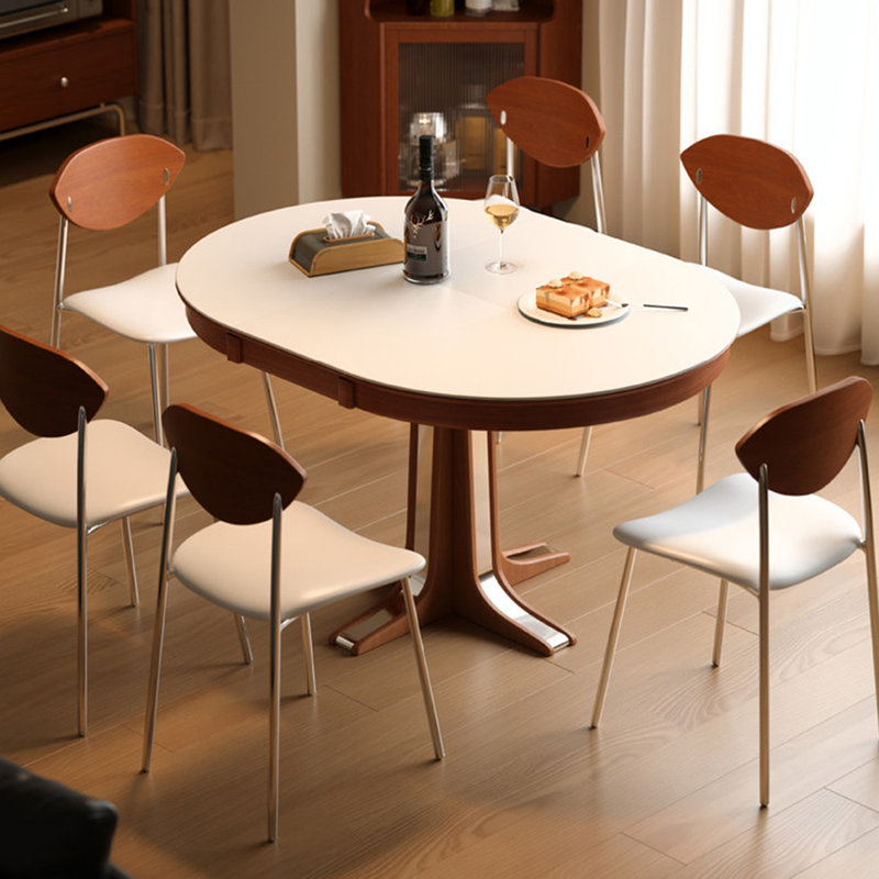Table de salle à manger blanche + brune + argent fritté rond + bois massif + acier inoxydable
