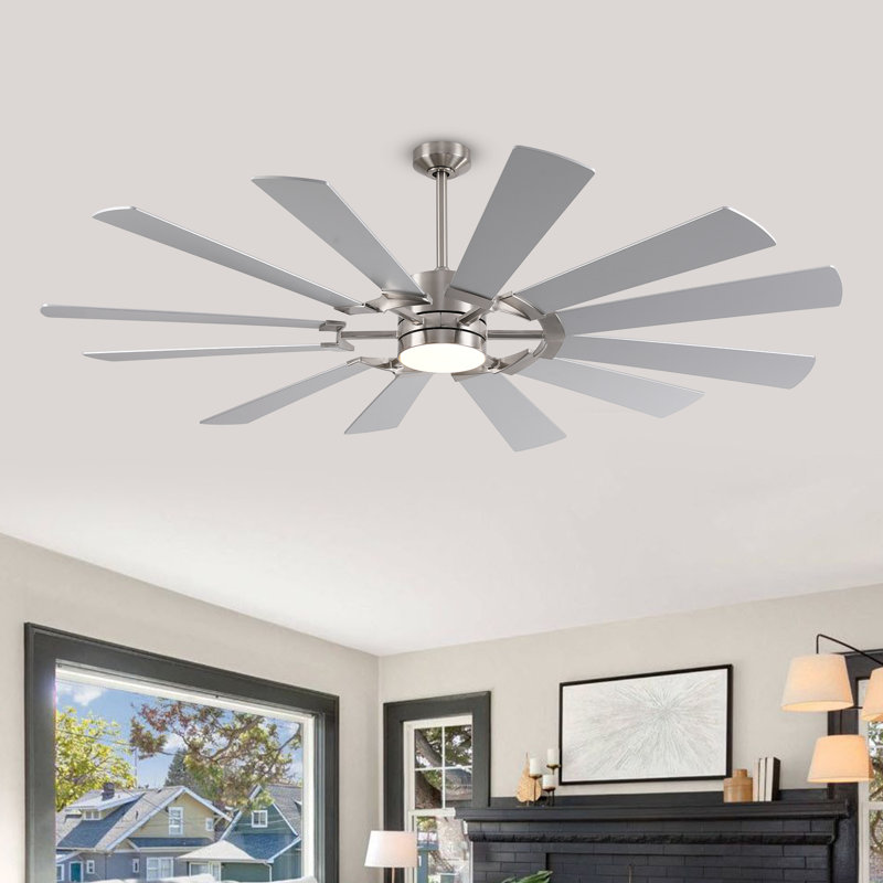 Large 12 Blades Ceiling Fan With Light, Modern Ceiling Fan For Indoor And Outdoor Use, Reversible Dc Motor, Dual Finish Blades In Silver & Walnut, Ceiling Fan With Remote