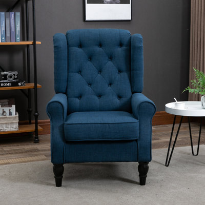 High Wingback Chair In Blue, Thickly Padded, Suitable For Living, Bedroom, Office Areas Button- Seat - Eucalyptus Legs