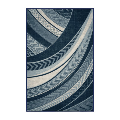 Machine Washable Hamilton Tawhiri Art Deco Arc Rug in Gray – Navy Binding
