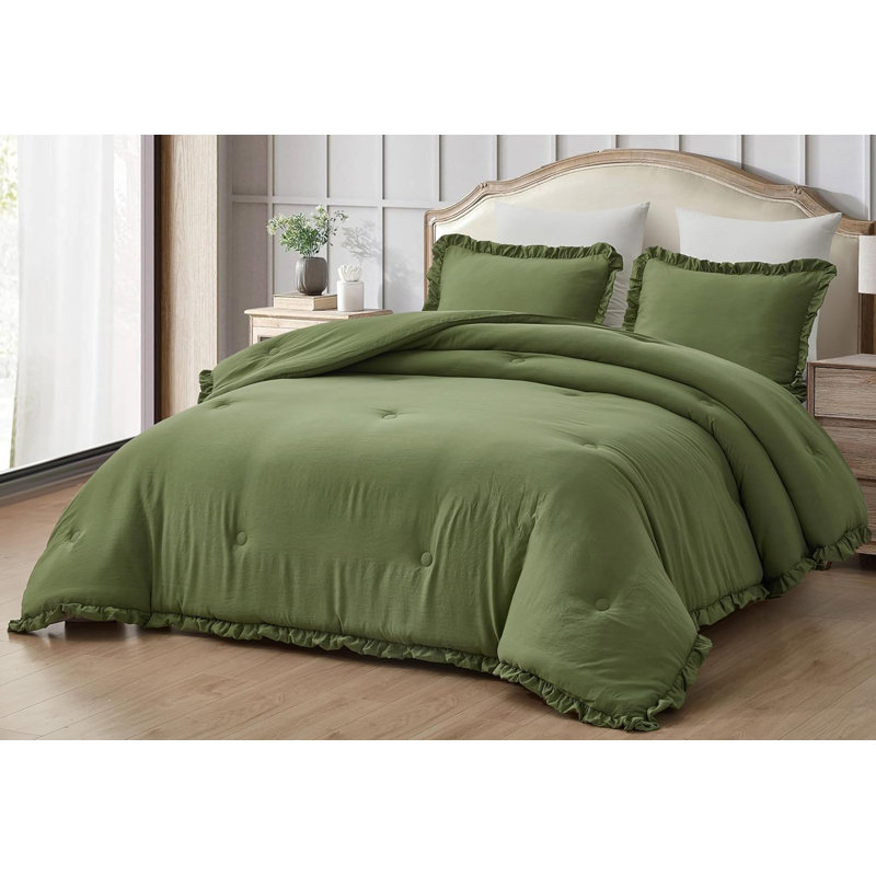 Nora Washed Microfiber Ruffled Comforter Set, Queen Comforter + 2 Standard Shams, Olive