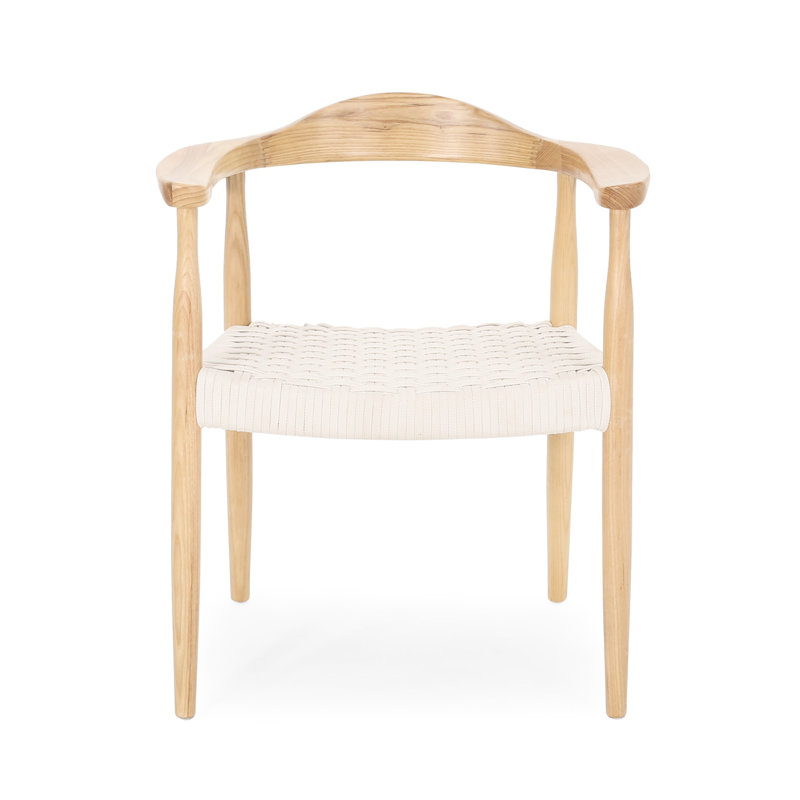 Chaise avec accoudoirs de style Mid-Century moderne, bois de frêne et corde tissée, l 25,06 po x P 20,85 po, H 29,1 po, blanc, aucun assemblage requis