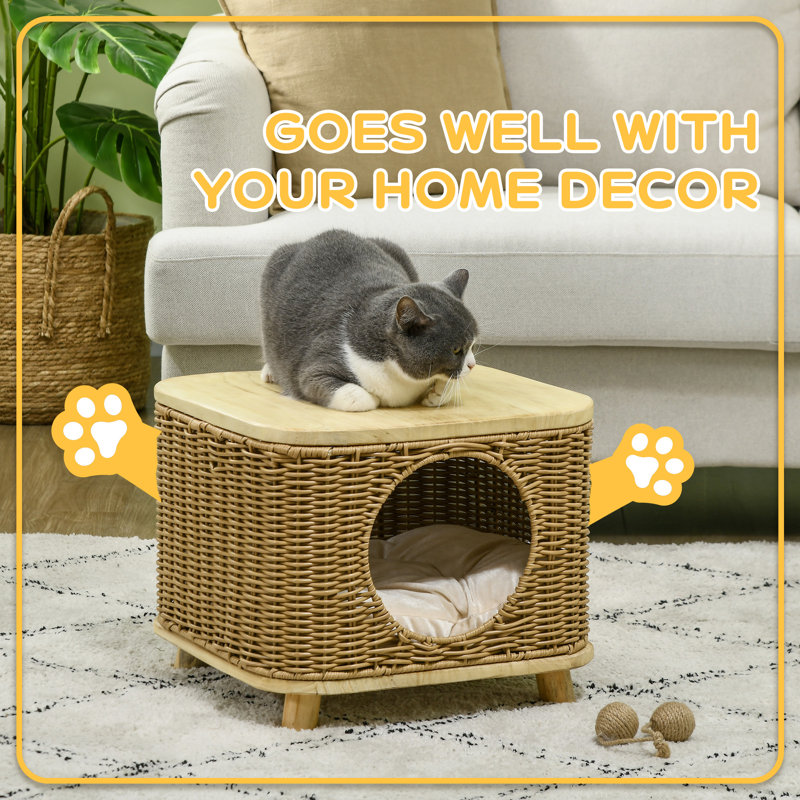 Elevated Design Wicker Cat House with Washable Cushion Light Brown