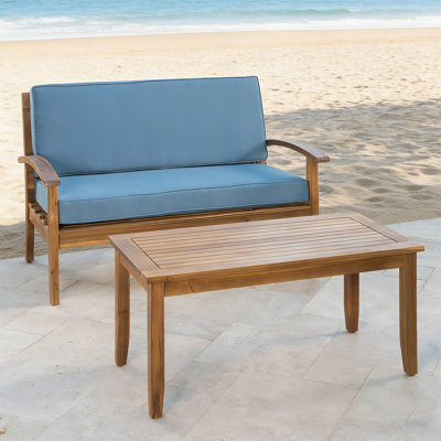 2-piece Outdoor Acacia Wood Loveseat & Coffee Table Set, With Water Resistant Cushions, Patio Furniture For Backyard Porch Poolside