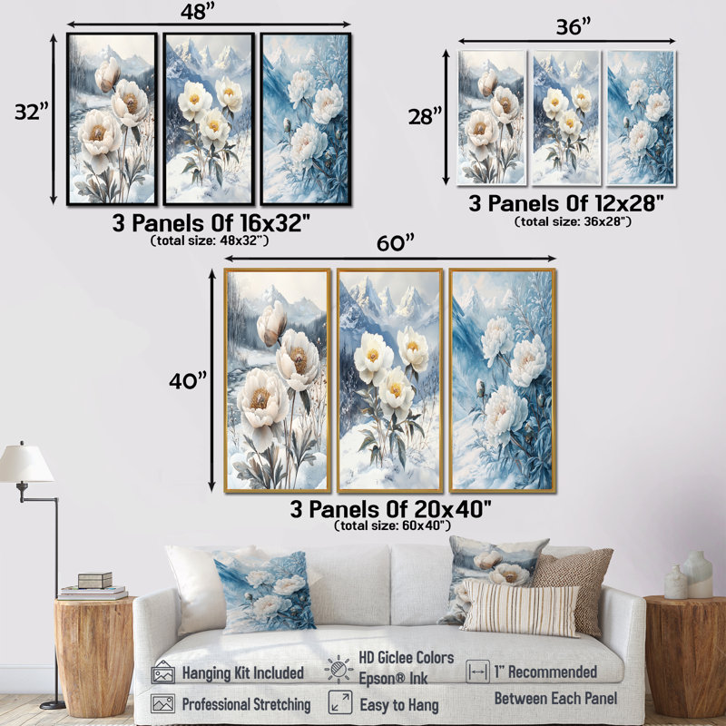 Neige pivoines dans le paysage hivernal I - Collection d'art mural grand pivoines, H 28 po x l 36 po, Blanc