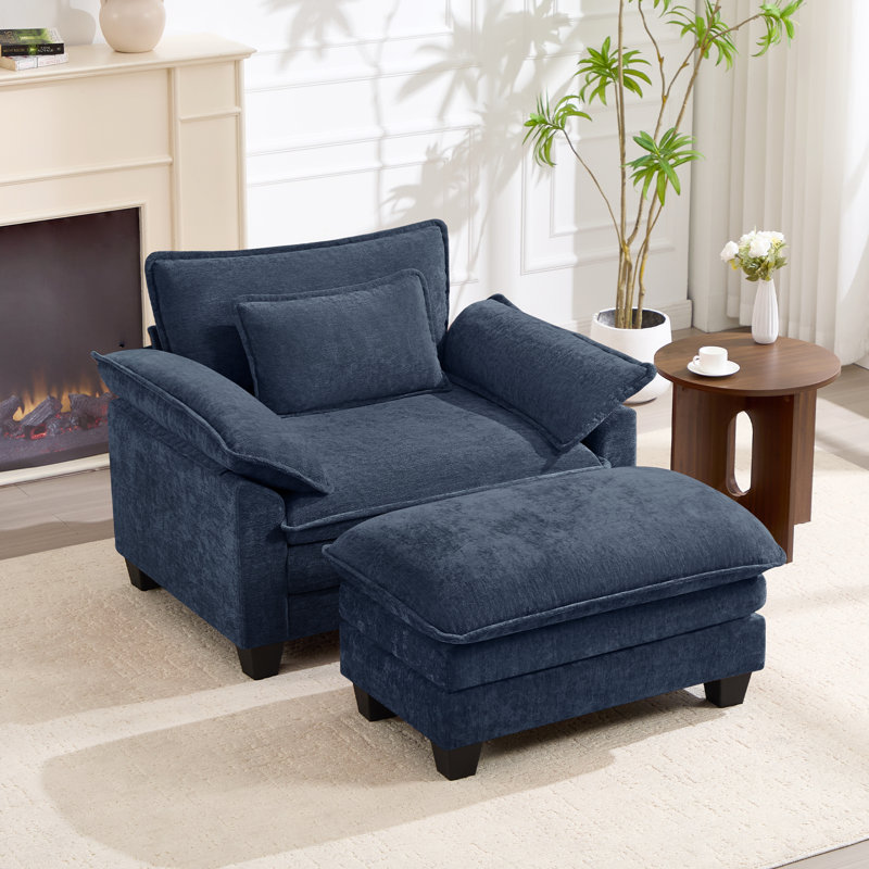 Chaise d'appoint moderne surdimensionnée en chenille avec repose-pieds, ensemble de canapé simple à assise profonde 2 pièces et chaise longue