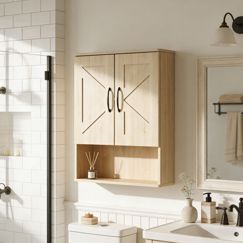 Armoire de salle de bain murale 19 ", rangement mural avec tablettes réglables et porte double, Naturel