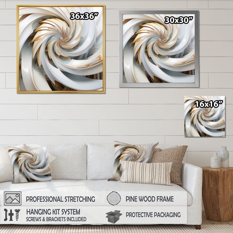 Décoration murale «Fractals Whirling tandis que glam» en or et blanc, H 24 po x l 24 po x P 1 po, Cadre doré simple