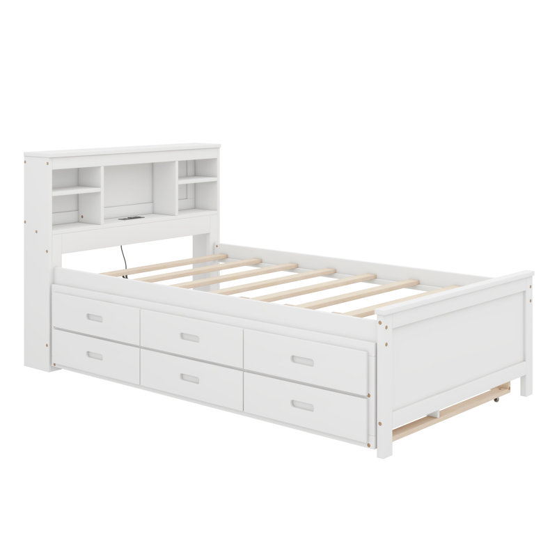 Lit plateforme simple avec tête de lit Mingus, USB, Blanc