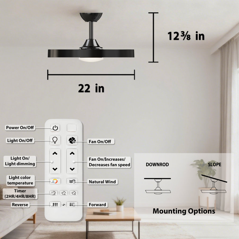 Leonide 22" Indoor White Ceiling Fan with White Blades Integrated LED Light and Remote Control, Black, Black