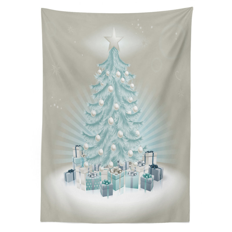 Merry Xmas Themed Fir Tree with Ornate Tree Topper and Baubles Tablecloth, 72" x 52"