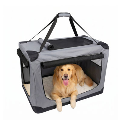 XL Size Soft Dog Crate For Car Travel Collapsible 3 Door Pet Kennel Sturdy Metal Frame Washable 600D Fabric Cover Soft Pad Safety Zippers Portable Indoor Outdoor Dog Cage