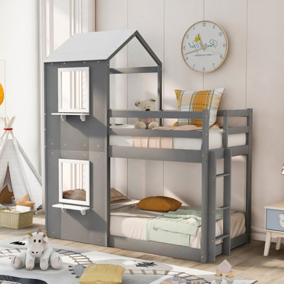 Bunk Bed Wood Bed With Roof, Window, Guardrail, Ladder